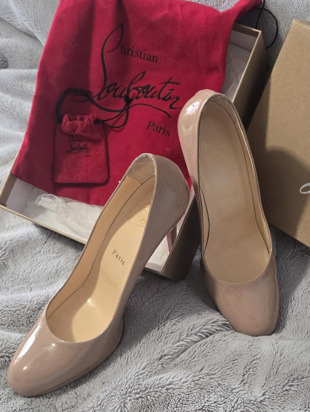 Christian Louboutin Blush Patent Leather Block Heel Pumps